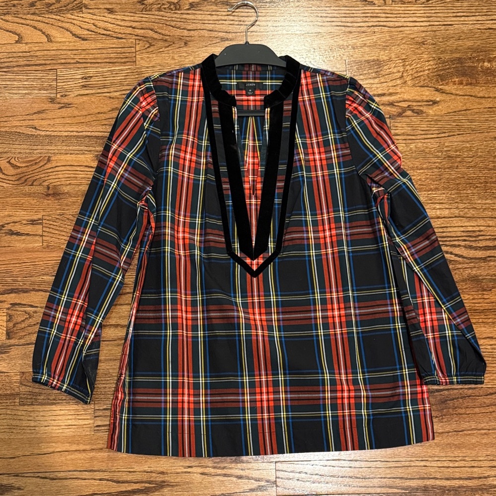 J. Crew Holiday Plaid Tunic with Black Velvet Trim